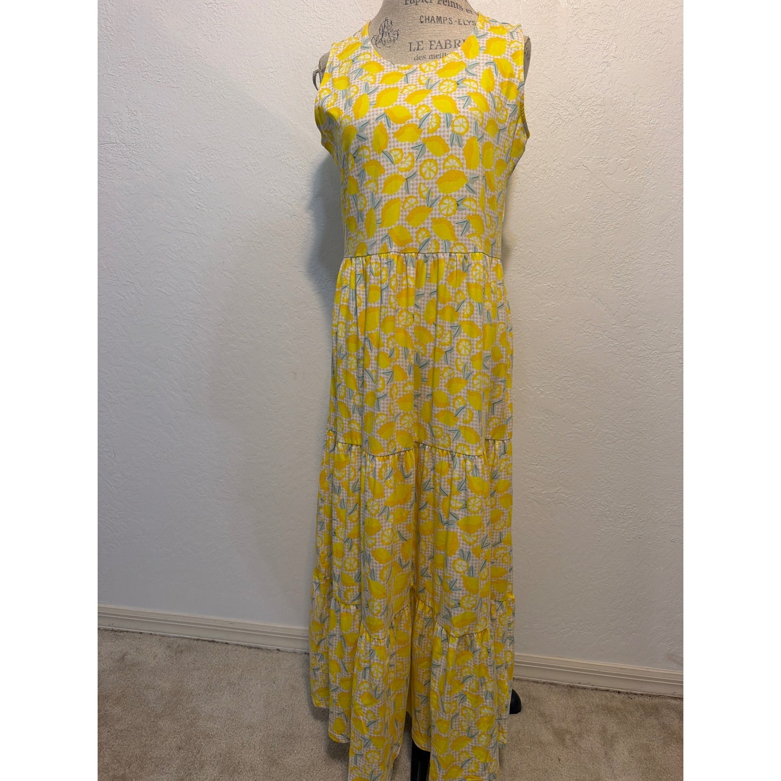 Lands End Womens Lemon Gingham Tencel Modal Tiered Maxi Dress Size M 10-12